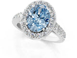White gold Fancy Blue Oval Cut Halo Diamond Ring with Pavé Band and Three-Prong Setting_13
