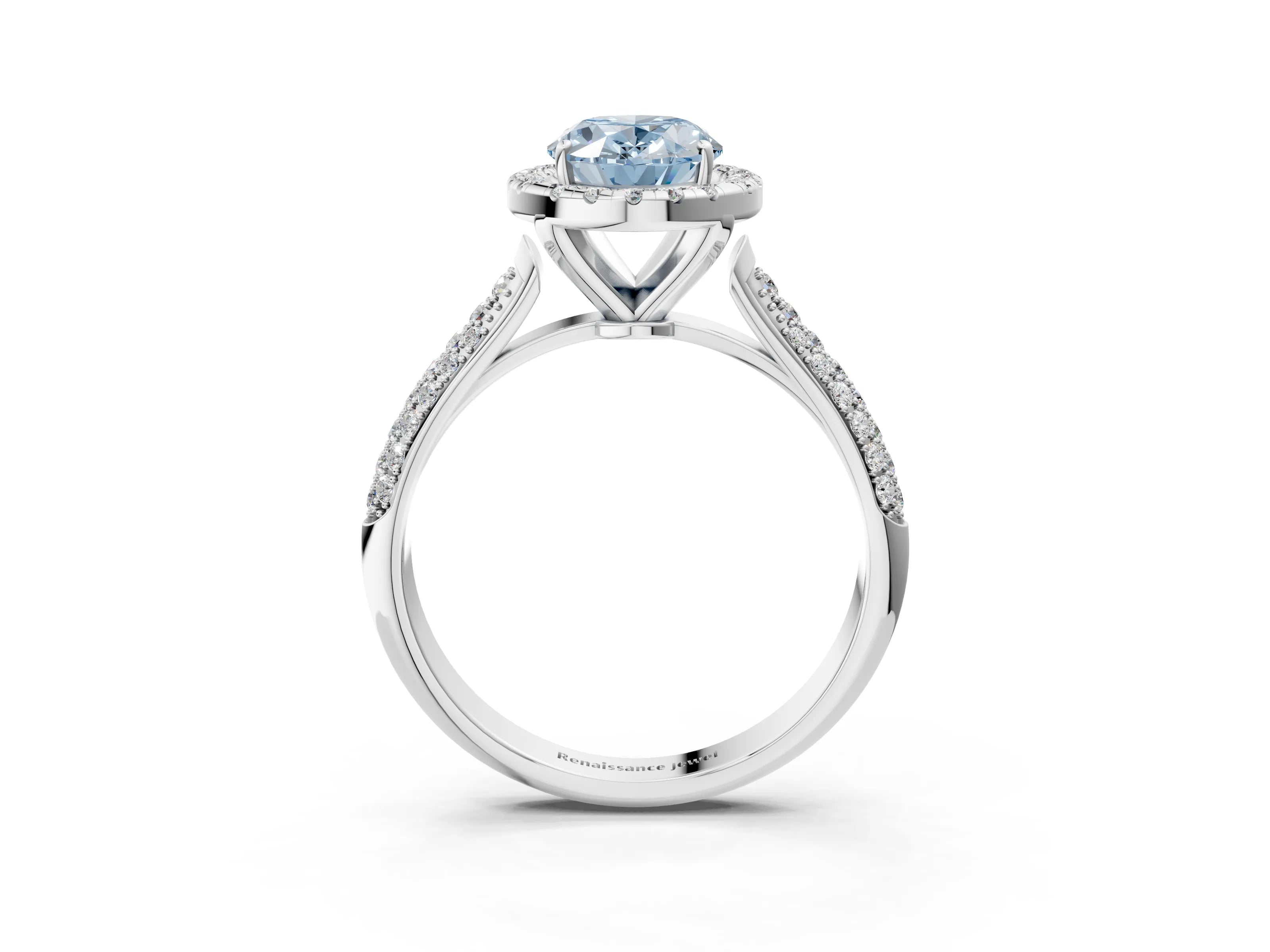 White gold Fancy Blue Oval Cut Halo Diamond Ring with Pavé Band_15