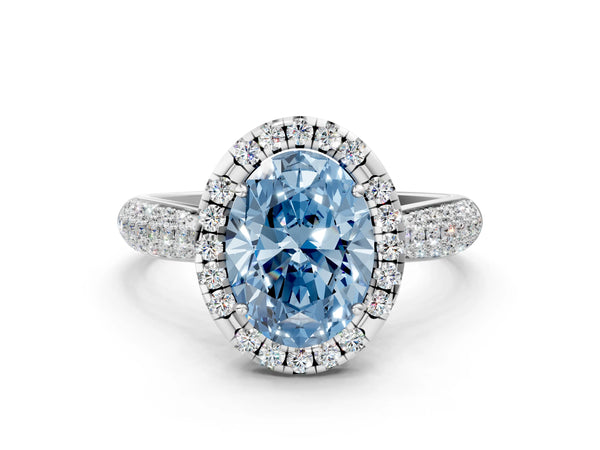 Platinum Fancy Blue Oval Cut Halo Diamond Ring with Pavé Band