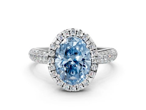 White gold Fancy Blue Oval Cut Halo Diamond Ring with Pavé Band_24
