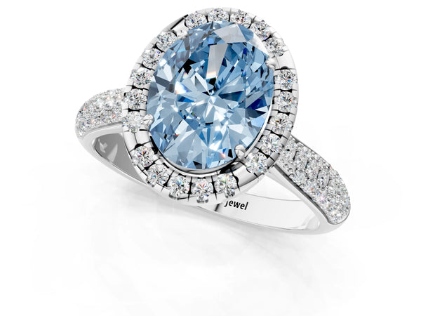Platinum Fancy Blue Oval Cut Halo Diamond Ring with Pavé Band
