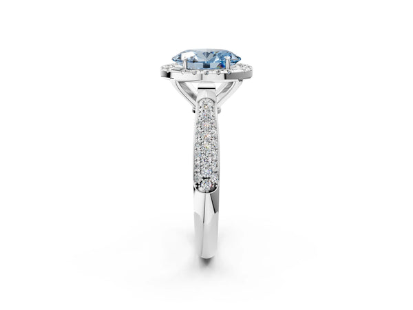 Platinum Fancy Blue Oval Cut Halo Diamond Ring with Pavé Band