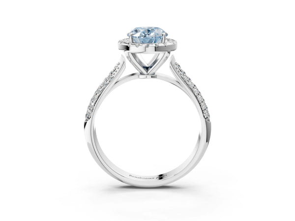 Platinum Fancy Blue Oval Cut Halo Diamond Ring with Pavé Band