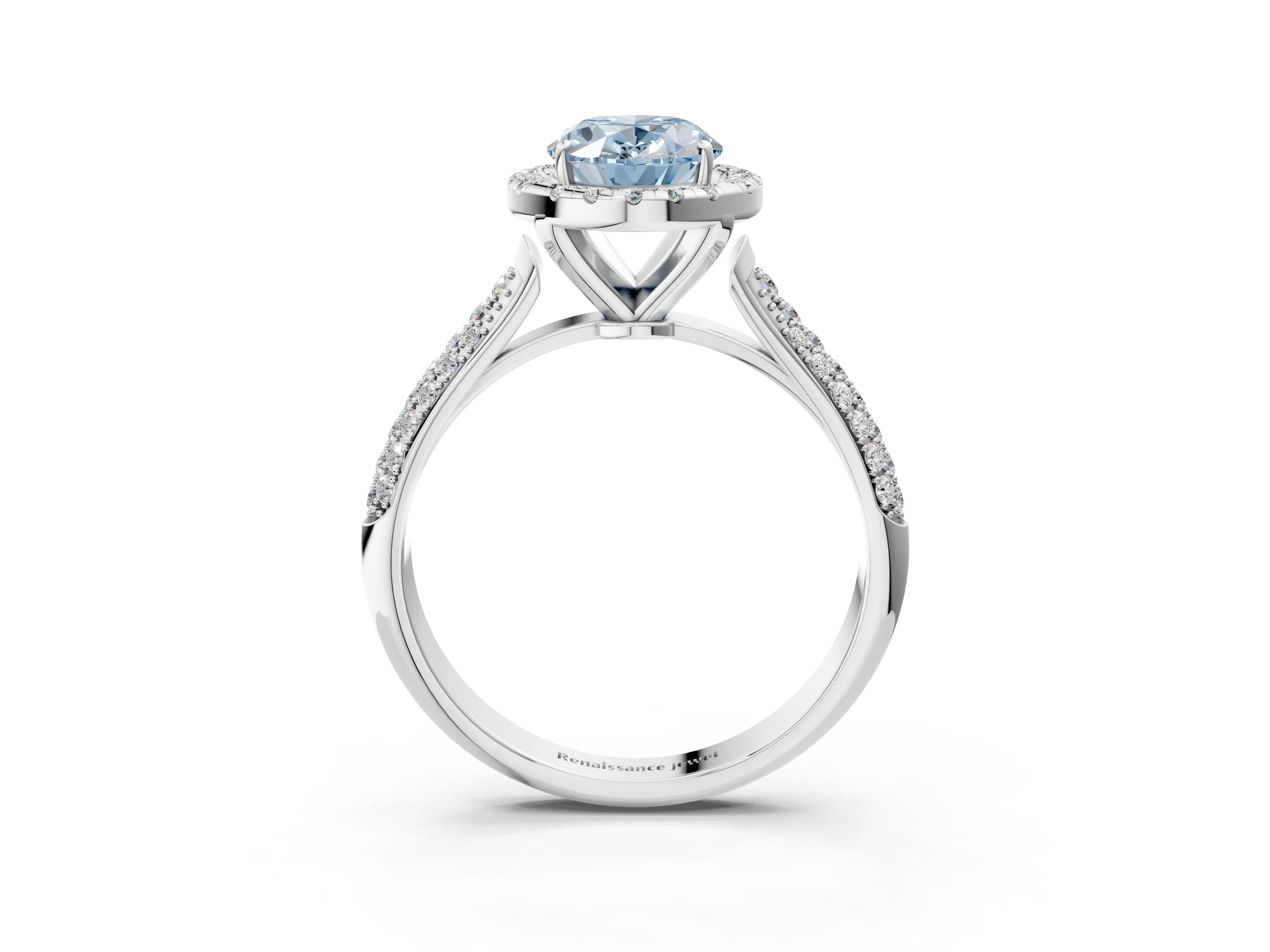 White gold Fancy Blue Oval Cut Halo Diamond Ring with Pavé Band_3