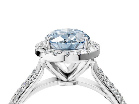 White gold Fancy Blue Oval Cut Halo Diamond Ring with Pavé Band_4