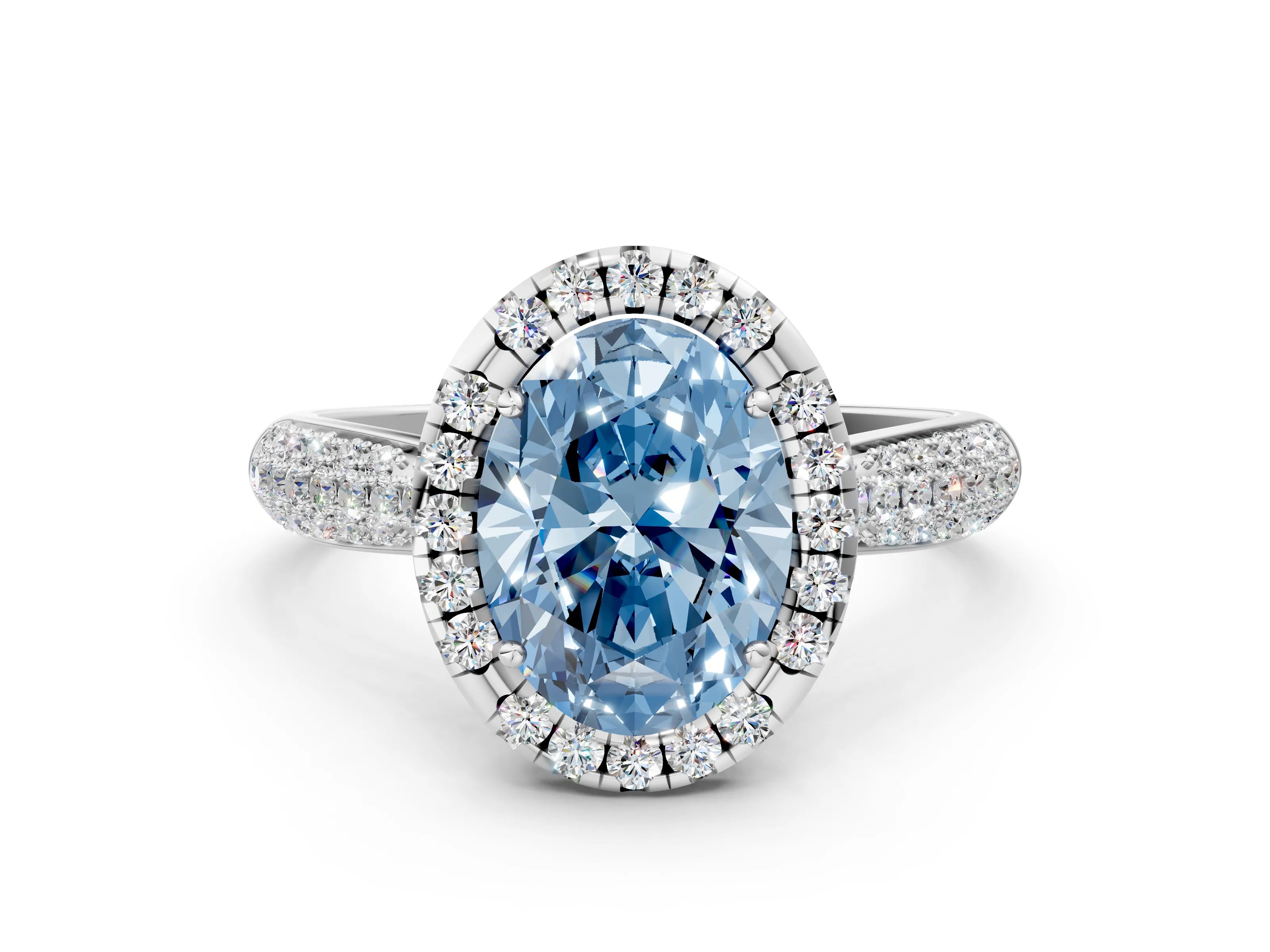 White gold Fancy Blue Oval Cut Halo Diamond Ring with Pavé Band