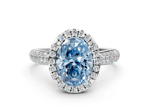 White gold Fancy Blue Oval Cut Halo Diamond Ring with Pavé Band
