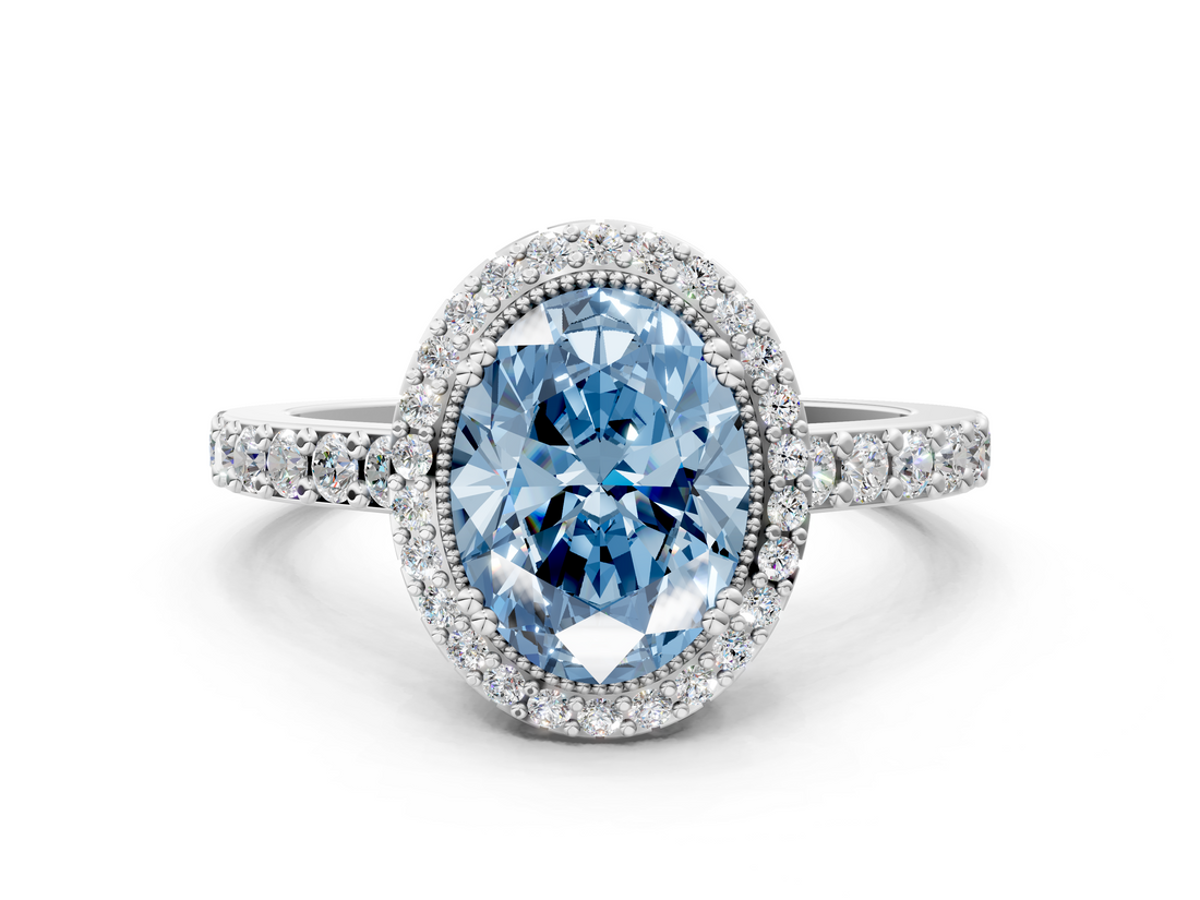 White gold Fancy Blue Oval  Cut Halo Diamond Ring with Pave Band and Four-Prong Setting_22