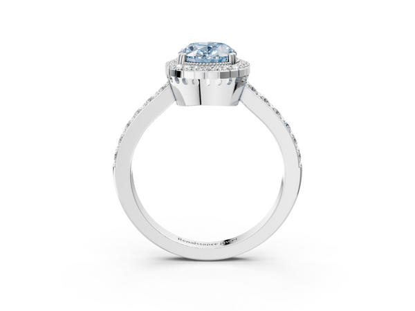 White gold Fancy Blue Oval  Cut Diamond Halo Engagement Ring with Milgrain Detail and Pavé Band