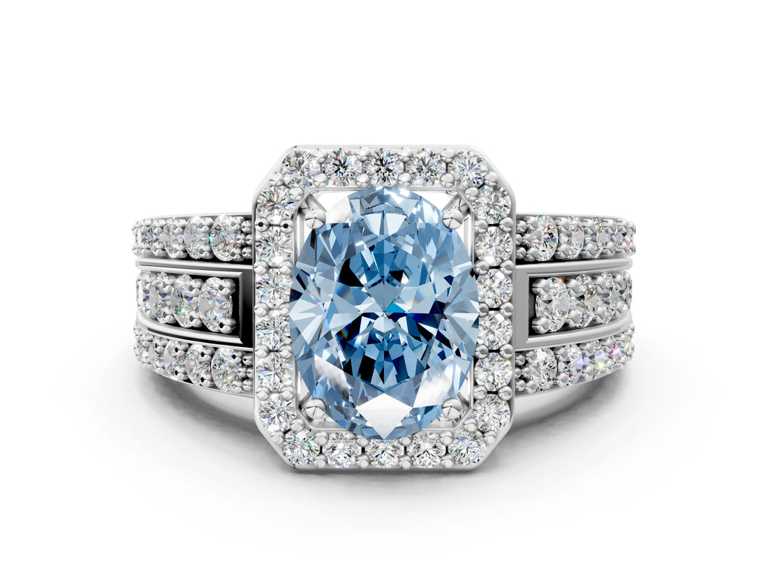 White gold Fancy Blue Oval Cut Halo Diamond Ring with Round  Split Shank and Prong Setting_112