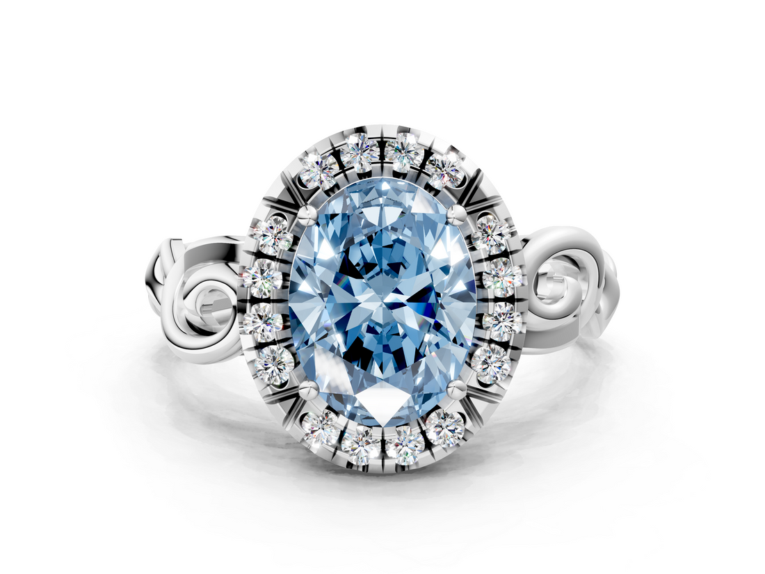 White gold Fancy Blue Oval  Cut Halo Diamond Ring with Scrollwork Band and Four-Prong Setting_116
