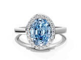 White gold Fancy Blue Oval Cut Halo Diamond Ring with Solitaire Band and Prong Setting