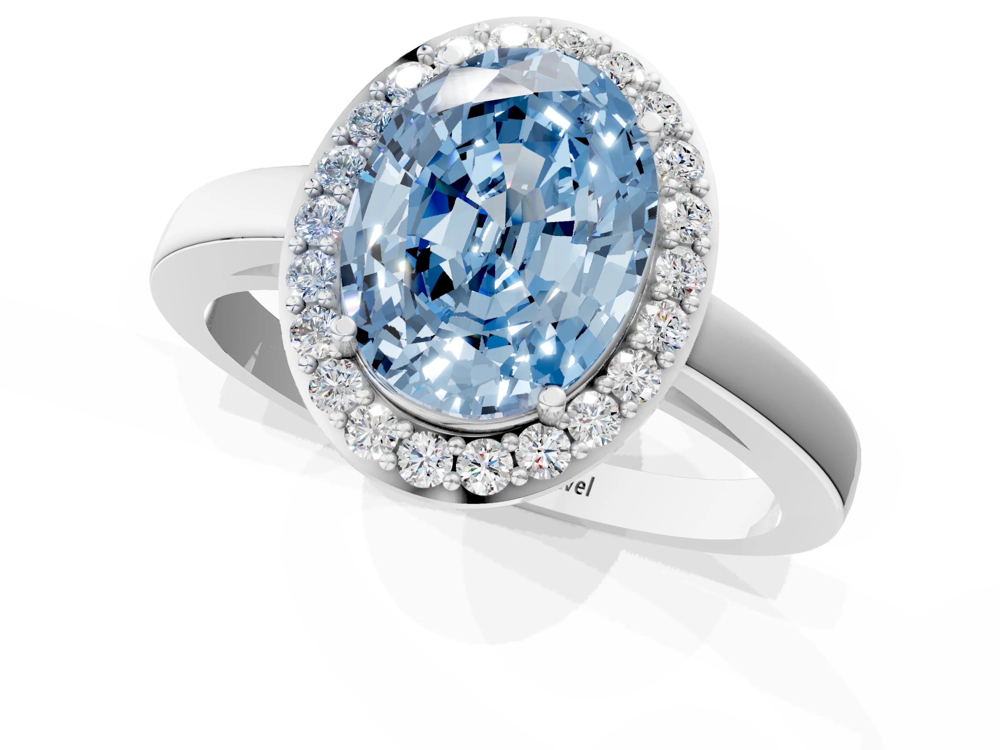 White gold Fancy Blue Oval Cut Halo Diamond Ring with Solitaire Band and Prong Setting_1