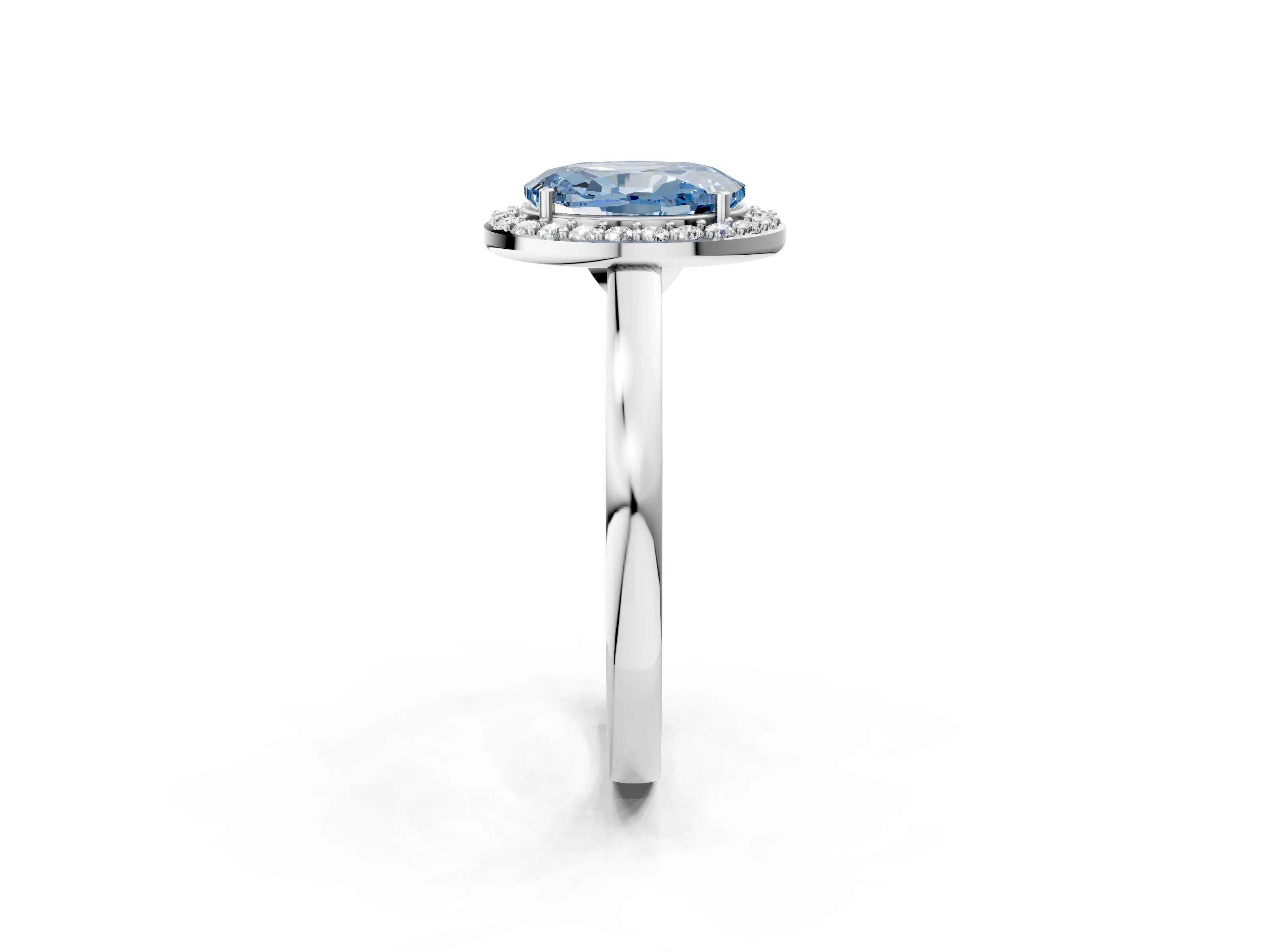 White gold Fancy Blue Oval Cut Halo Diamond Ring with Solitaire Band and Prong Setting_2
