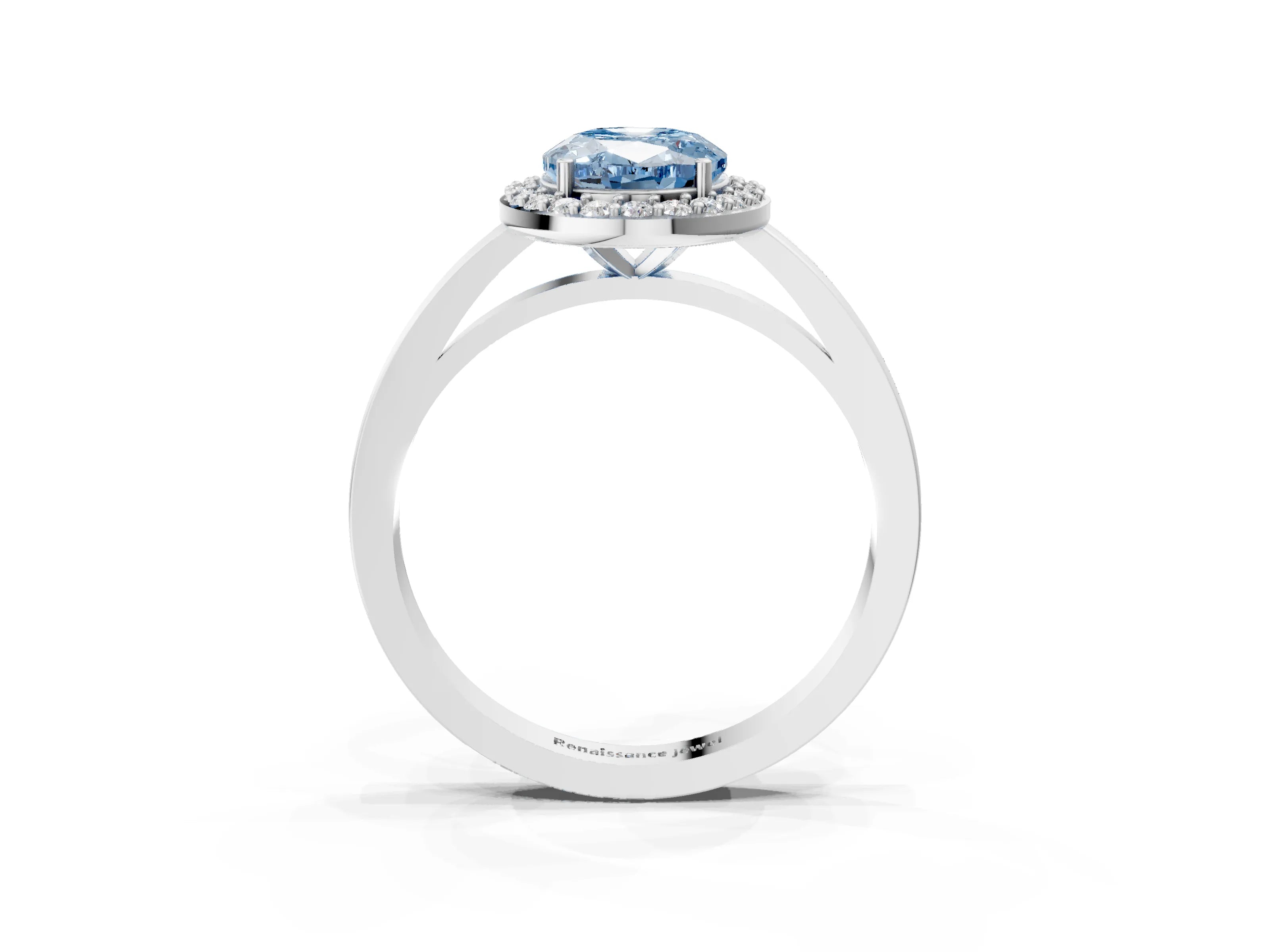 White gold Fancy Blue Oval Cut Halo Diamond Ring with Solitaire Band and Prong Setting_3