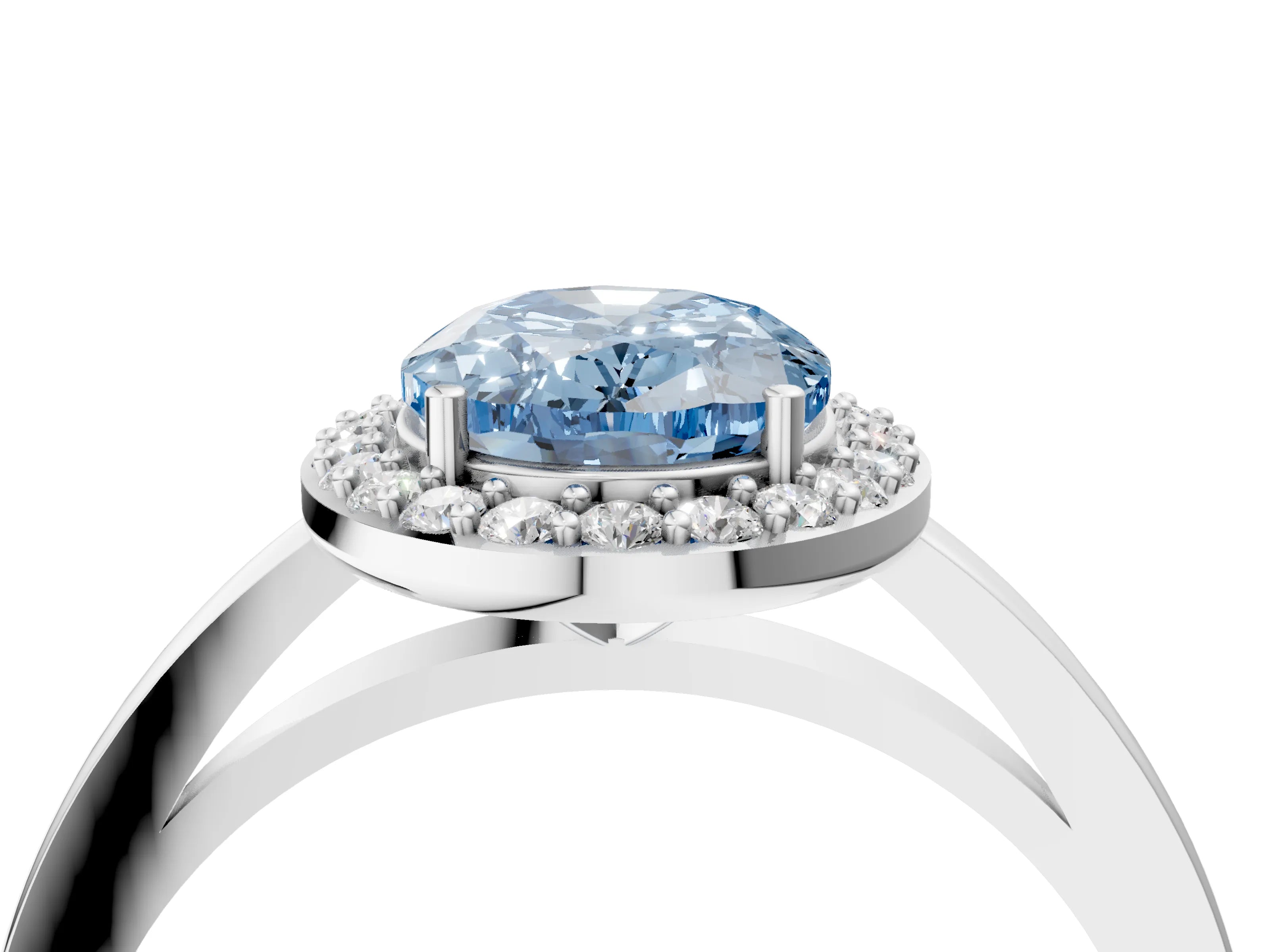 White gold Fancy Blue Oval Cut Halo Diamond Ring with Solitaire Band and Prong Setting_4