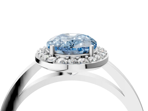 White gold Fancy Blue Oval Cut Halo Diamond Ring with Solitaire Band and Prong Setting_4