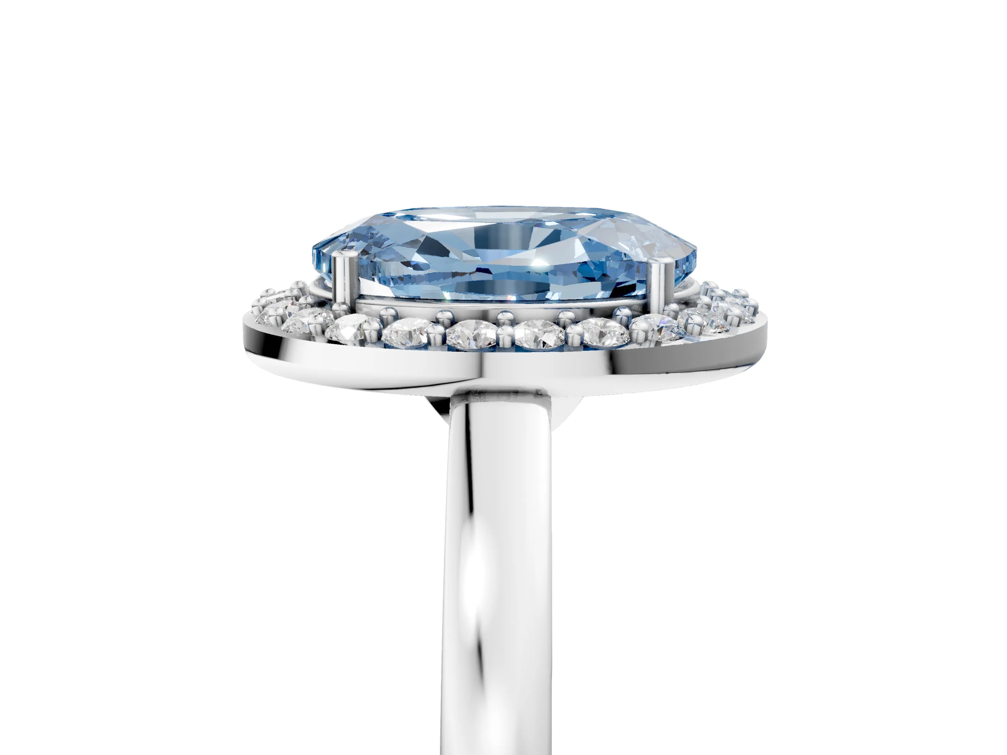 White gold Fancy Blue Oval Cut Halo Diamond Ring with Solitaire Band and Prong Setting_5