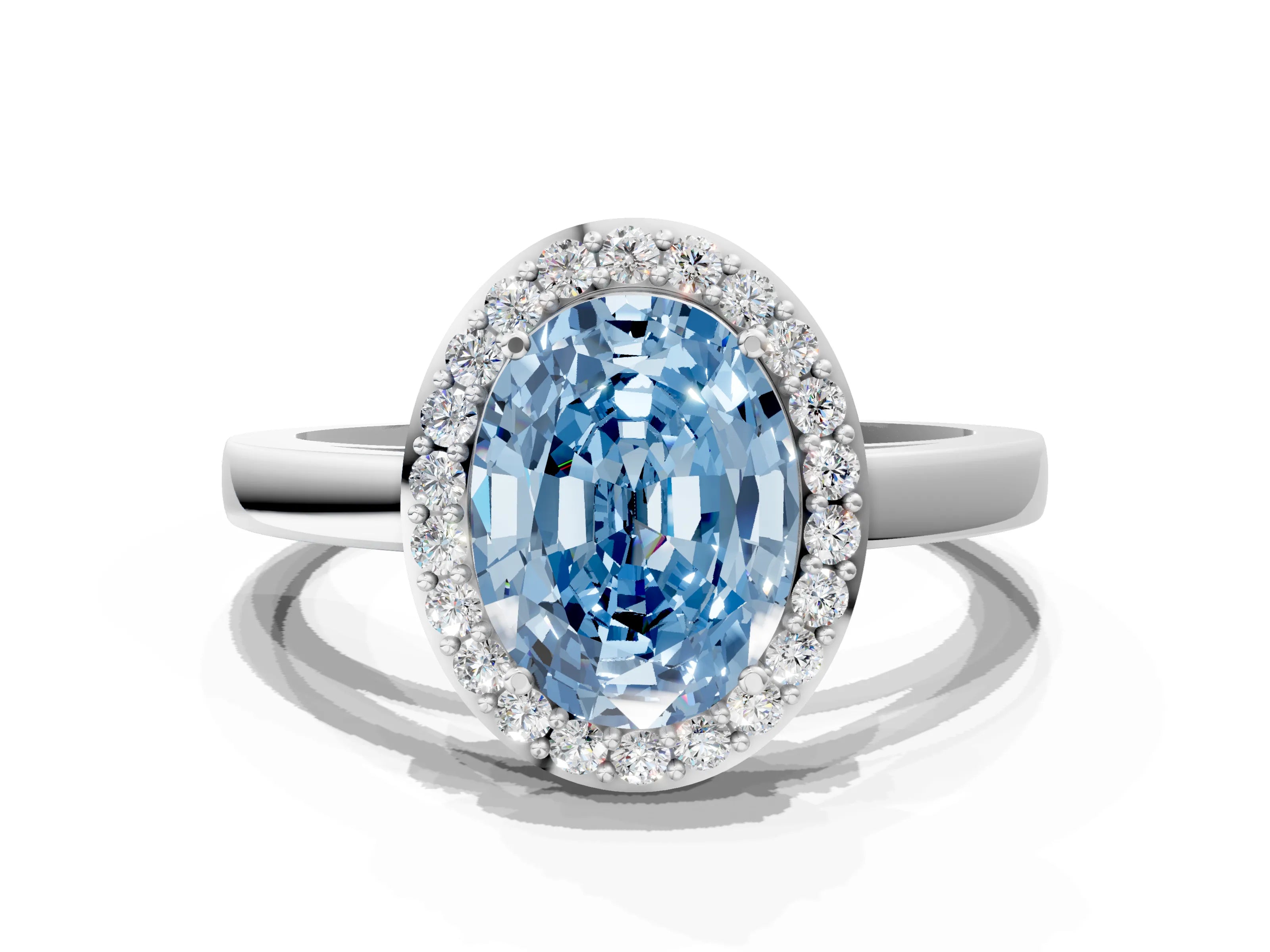 White gold Fancy Blue Oval Cut Halo Diamond Ring with Solitaire Band and Prong Setting