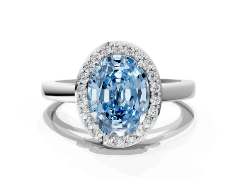 White gold Fancy Blue Oval Cut Halo Diamond Ring with Solitaire Band and Prong Setting