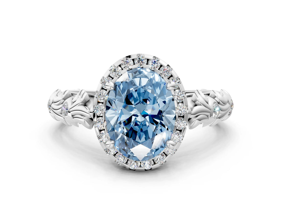 White gold Fancy Blue Oval Cut Halo Diamond Solitaire with Filigree Band and Four-Prong Setting_12