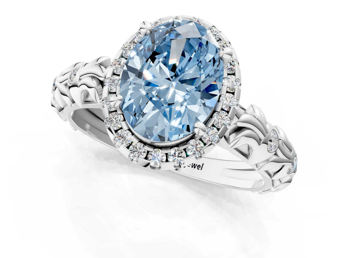 White gold Fancy Blue Oval Cut Halo Diamond Solitaire with Filigree Band and Four-Prong Setting_13