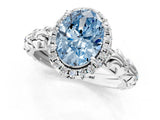 White gold Fancy Blue Oval Cut Halo Diamond Solitaire with Filigree Band and Four-Prong Setting_13