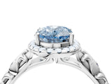 White gold Fancy Blue Oval Cut Halo Diamond Solitaire with Filigree Band and Four-Prong Setting_4