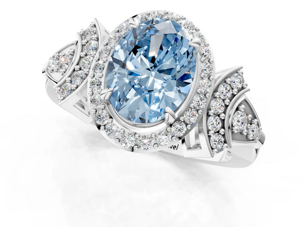White gold Fancy Blue Oval Cut Halo Diamond Split Shank Engagement Ring with Four-Prong Setting