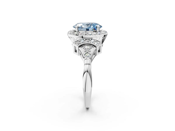 White gold Fancy Blue Oval Cut Halo Diamond Split Shank Engagement Ring with Four-Prong Setting