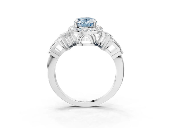 White gold Fancy Blue Oval Cut Halo Diamond Split Shank Engagement Ring with Four-Prong Setting