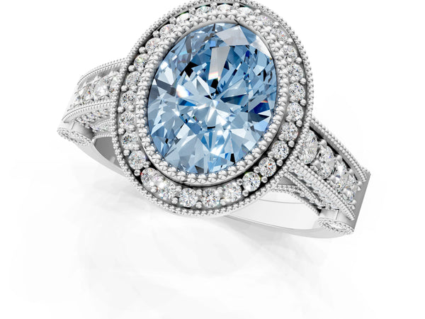White Gold Oval Vintage Bezel Halo Engagement Ring Setting for Fancy Blue Center