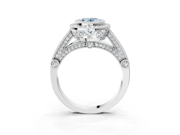 White Gold Oval Vintage Bezel Halo Engagement Ring Setting for Fancy Blue Center