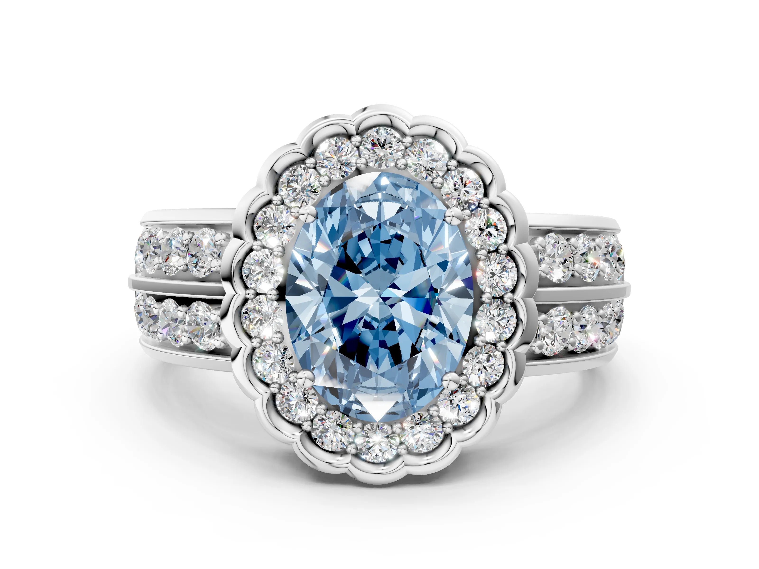 White gold Fancy Blue Oval Cut Halo Diamond Split Shank Ring with Scalloped Prong Setting