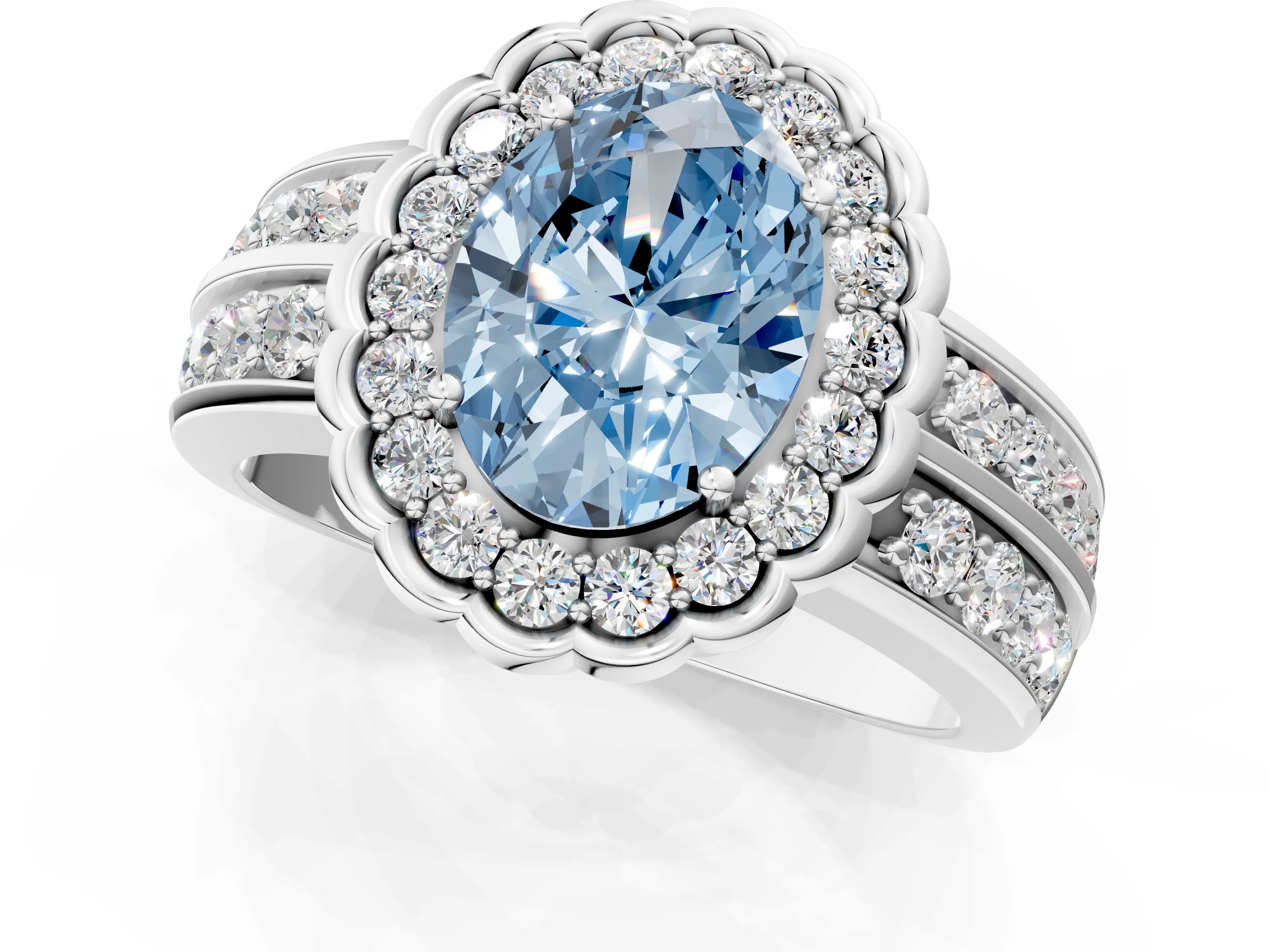 White gold Fancy Blue Oval Cut Halo Diamond Split Shank Ring with Scalloped Prong Setting_1