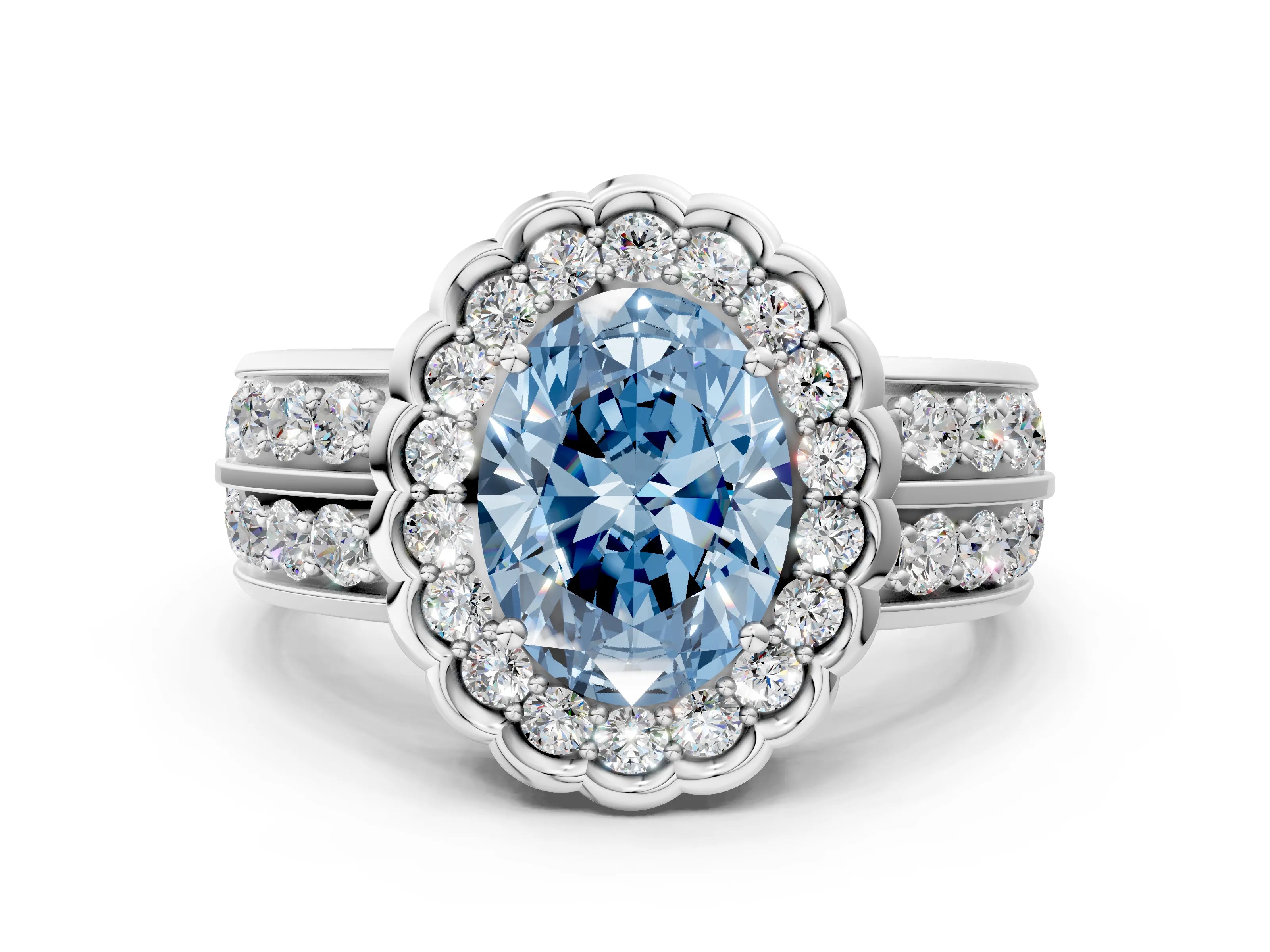 White gold Fancy Blue Oval Cut Halo Diamond Split Shank Ring with Scalloped Prong Setting_12
