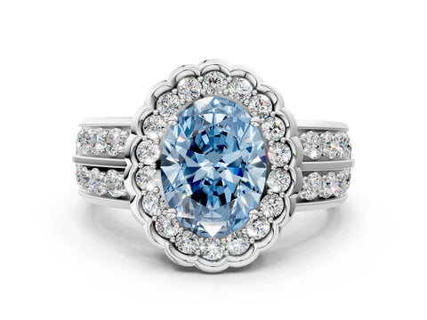 White gold Fancy Blue Oval Cut Halo Diamond Split Shank Ring with Scalloped Prong Setting_12