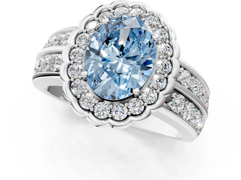 White gold Fancy Blue Oval Cut Halo Diamond Split Shank Ring with Scalloped Prong Setting_13