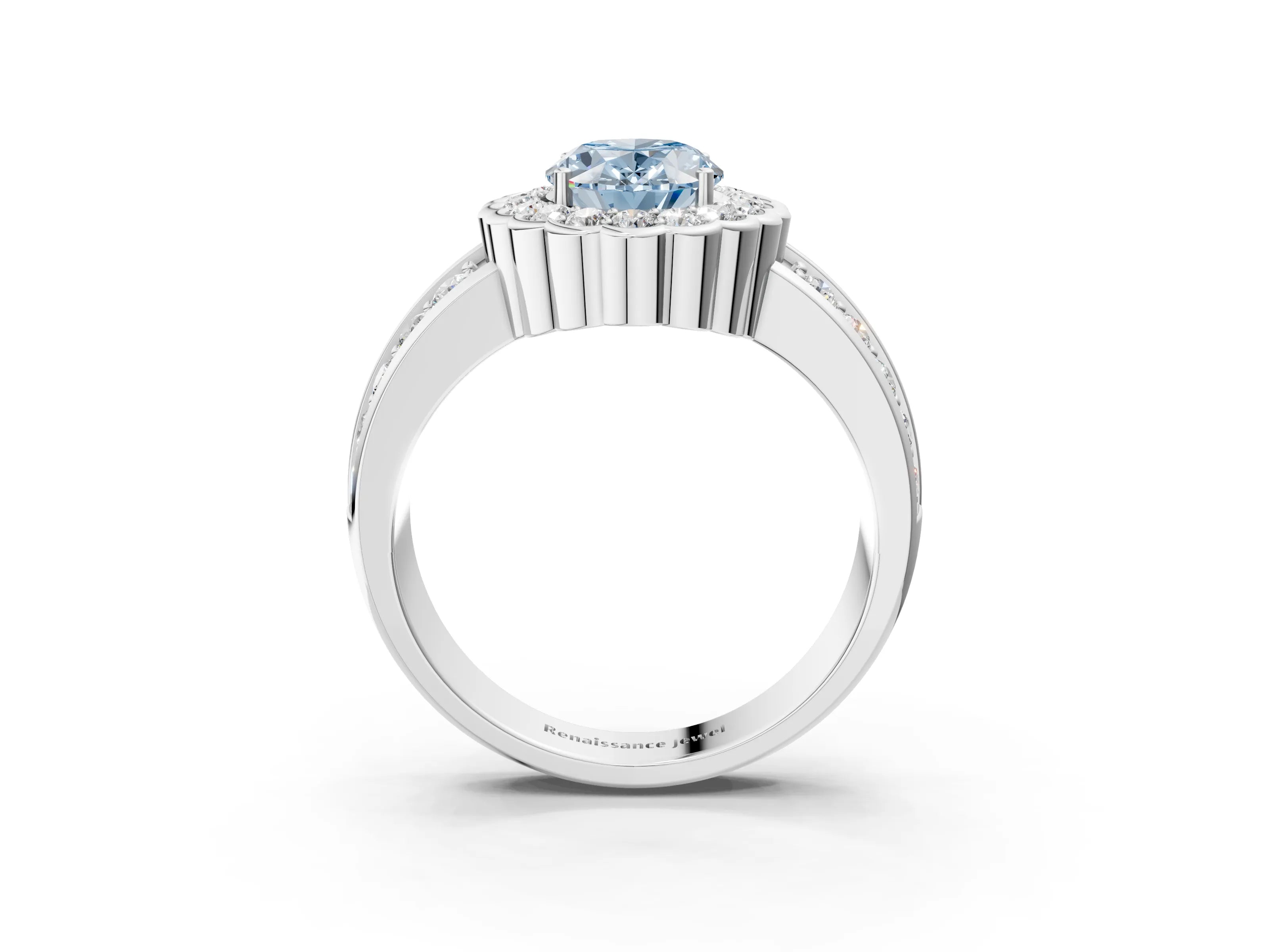 White gold Fancy Blue Oval Cut Halo Diamond Split Shank Ring with Scalloped Prong Setting_15