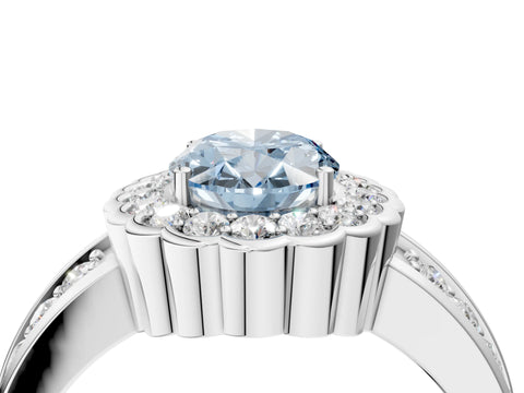 White gold Fancy Blue Oval Cut Halo Diamond Split Shank Ring with Scalloped Prong Setting_16