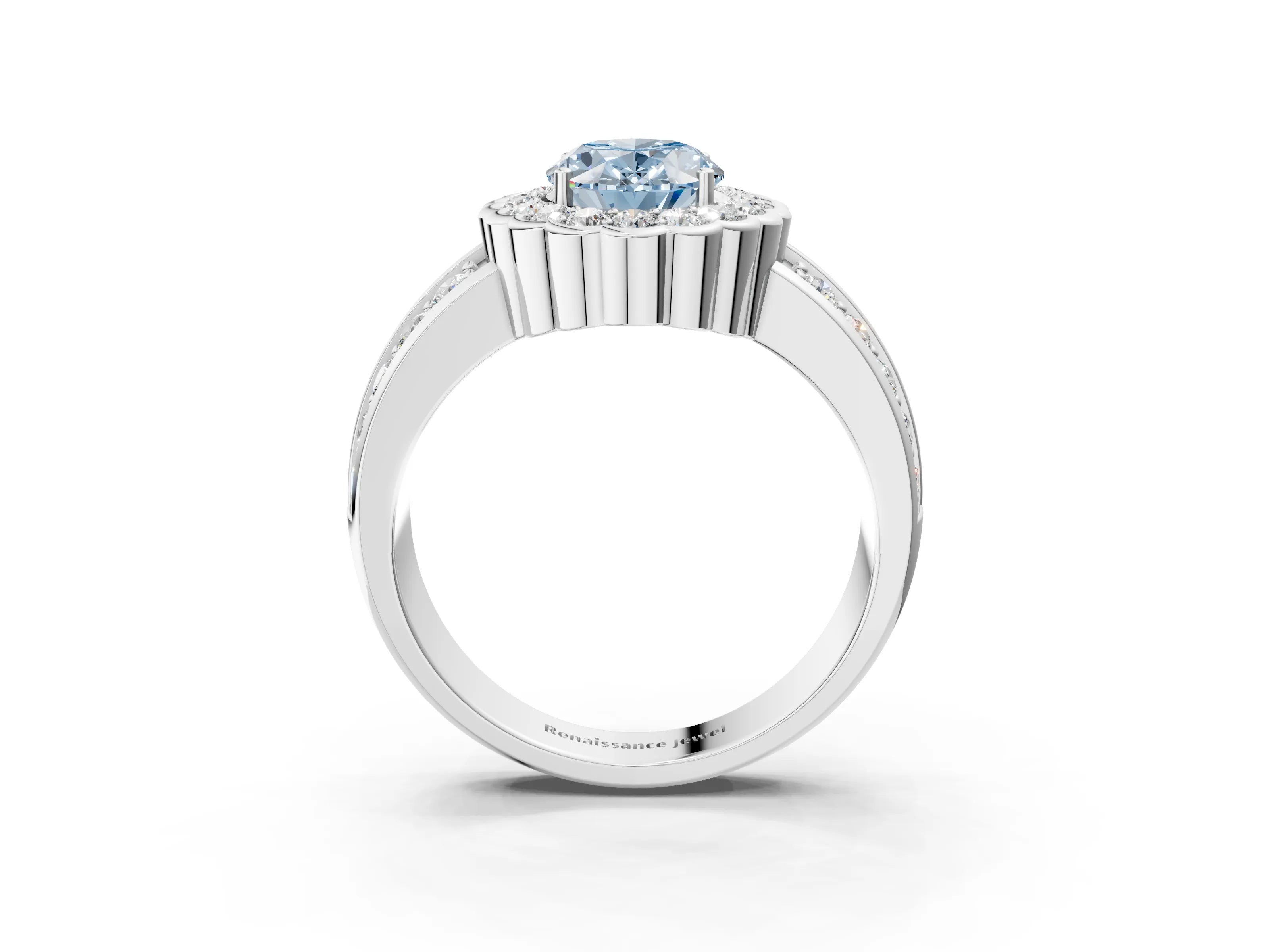 White gold Fancy Blue Oval Cut Halo Diamond Split Shank Ring with Scalloped Prong Setting_3
