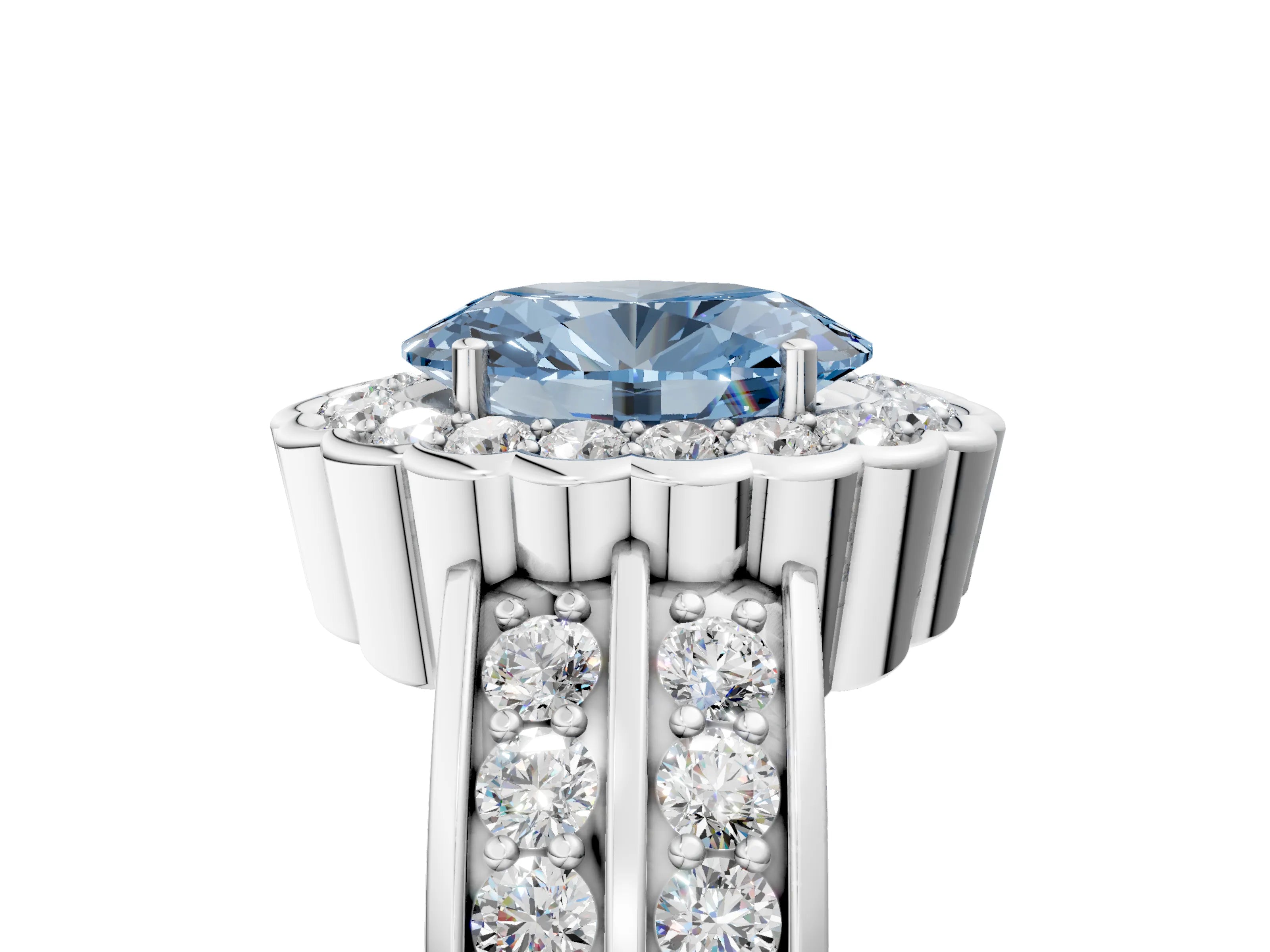 White gold Fancy Blue Oval Cut Halo Diamond Split Shank Ring with Scalloped Prong Setting_5