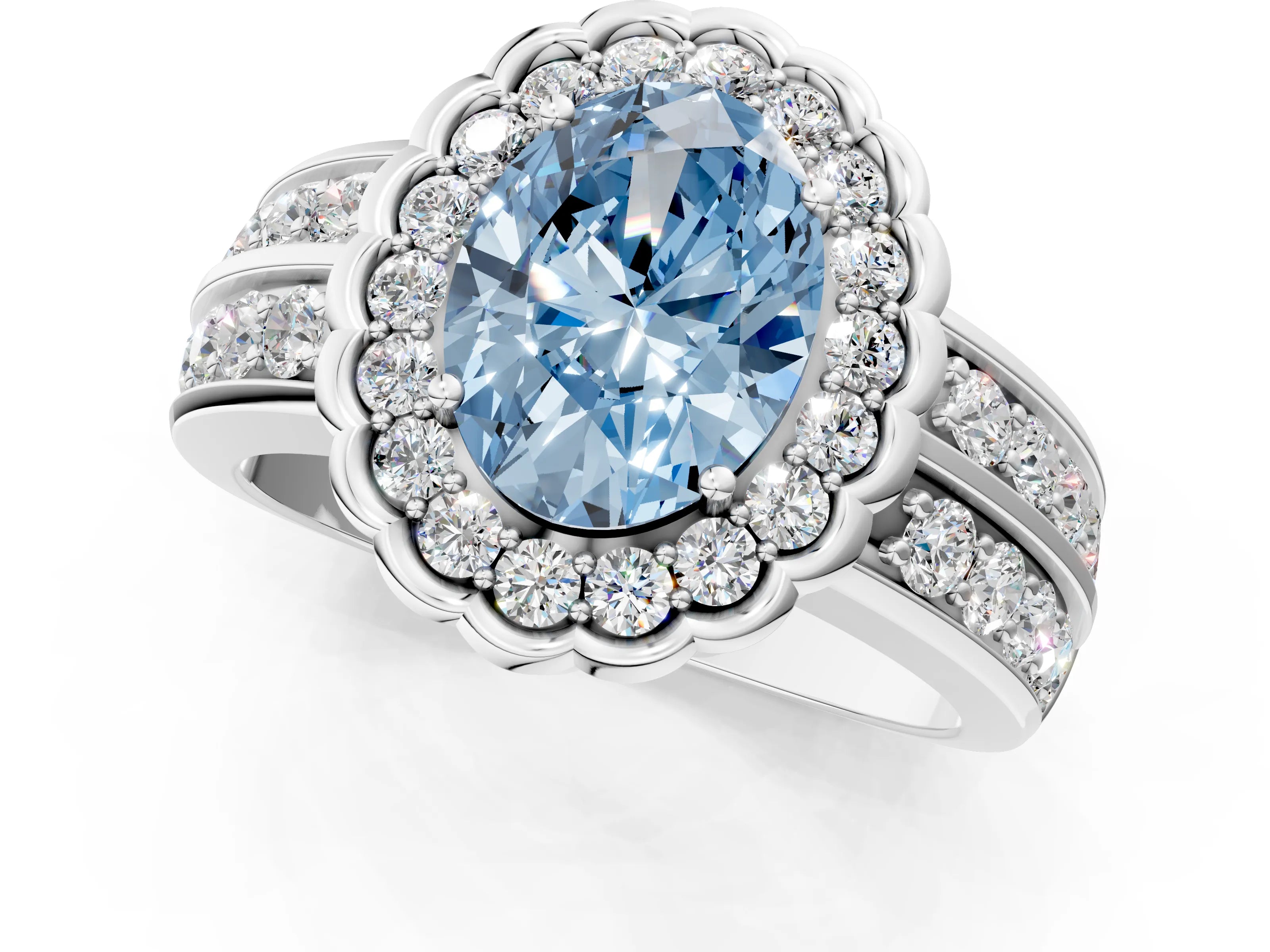 White gold Fancy Blue Oval Cut Halo Diamond Split Shank Ring with Scalloped Prong Setting_7