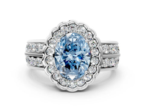 White gold Fancy Blue Oval Cut Halo Diamond Split Shank Ring with Scalloped Prong Setting