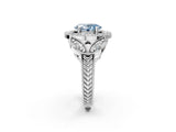 White gold Fancy Blue Oval Cut Halo Milgrain Diamond Engagement Ring with Leaf Band and Four-Prong Setting_2
