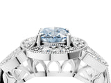 White gold Fancy Blue Oval Cut Halo Milgrain Diamond Engagement Ring with Leaf Band and Four-Prong Setting_4