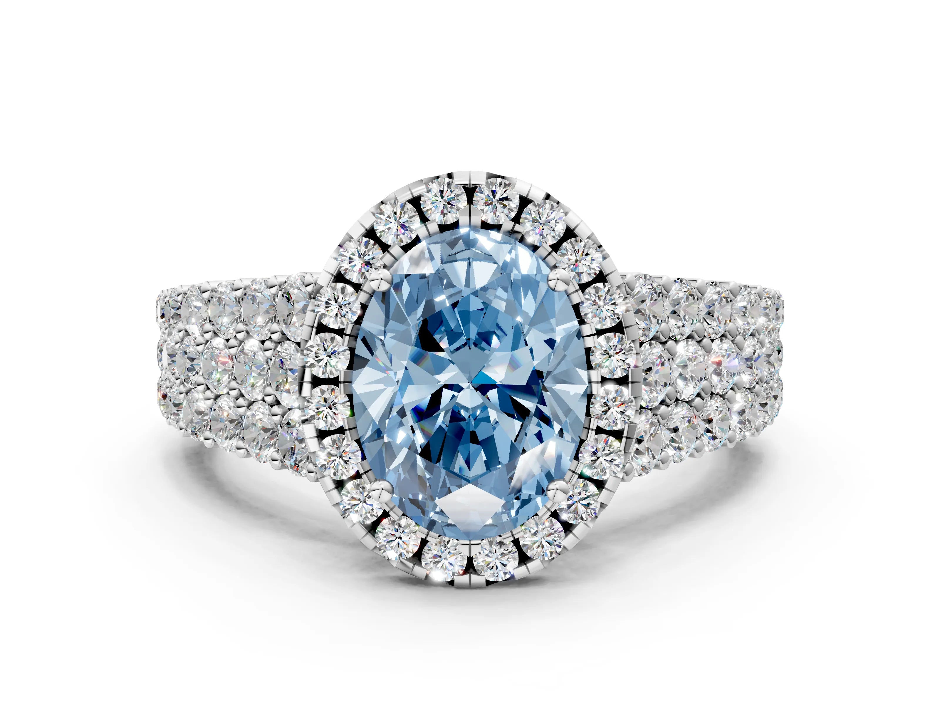 White gold Fancy Blue Oval Cut Halo Pavé Diamond Engagement Ring with Split Shank and Four-Prong Setting_3