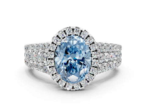 White gold Fancy Blue Oval Cut Halo Pavé Diamond Engagement Ring with Split Shank and Four-Prong Setting_3