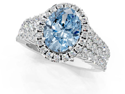 White gold Fancy Blue Oval Cut Halo Pavé Diamond Engagement Ring with Split Shank and Four-Prong Setting_4