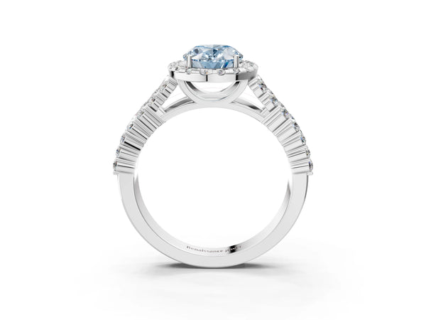 Platinum Fancy Blue Oval Cut Halo Pavé Diamond Engagement Ring with Split Shank and Four-Prong Setting